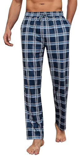 Aseniza Pantalon de Pyjama Homme Bas de Pyjama Vêtement de Nuit à Carreaux Long Pantalon Confortable Longue et Décontracté avec Poches 452-Marine, L