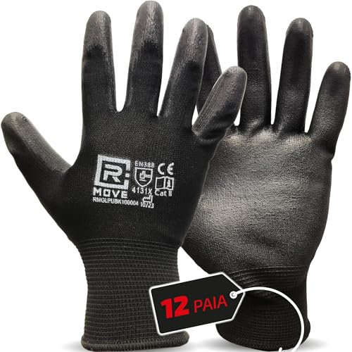 R MOVE 12 Paia Guanti da Lavoro M Protettivi in Poliuretano, Resistenti alle abrasioni, tagli, lacerazioni e forature, per Uomo e Donna (M, STANDARD (no touch))