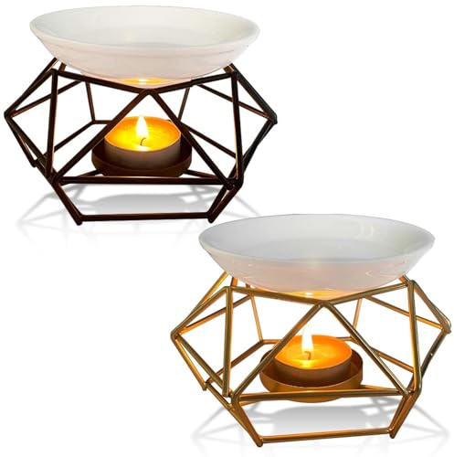 Duftlampe aus Metall und Keramik, 2 Stück Kerze Aroma Burner, Duftwachs Lampe mit Teelicht Halter aus Eisen Oil Burner Dekoration für Zuhause im Rauten-Stil Aromatherapie-Lampe (Schwarz + Gold)