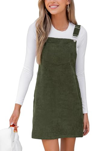 CUPSHE Damen Cord Latzkleid Ärmellos Herbst Quadratischer Ausschnitt Hosenträger Knöpfe Freizeitkleider mit Taschen Mini Dress Olive S