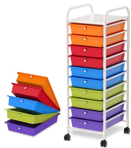 Aufun Rollwagen mit 10 stapelbaren Schubladen, Bunt Badrollwagen mit Metallgestell und Ablagefläche, Badrollwagen Aufbewahrungswagen mit feststellbaren Rollen, für Büro, Bad, 96x 39.5 x 66 cm