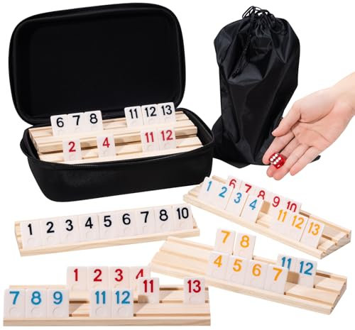 Rummy Cube Game Set für 6 Spieler mit 6 Holzregalen, 160 Zahlen, Rommé-Fliesen, Reiseetui & Tasche, klassisches Legespiel für Familie, Erwachsene, Kinder