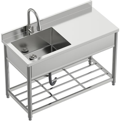 Vockol Lavello Indipendente in Acciaio Inox con Banco di Lavoro, Lavello da Cucina Commerciale con Rubinetto Estraibile, Lavello Professionale per Esterni Cucina Garage Ristorante, 55P x 120L x 94H cm