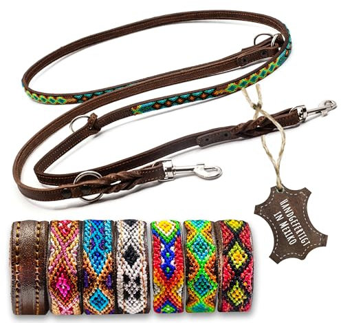 ALTEZAR Handgemachte Hundeleine Leder – Handgefertigt für kleine Hunde Robuste Fettlederleine mit bunten Stickereien Verstellbare Lederleine für Hund – dünne Leder-Leine Grün für kleine Hunde