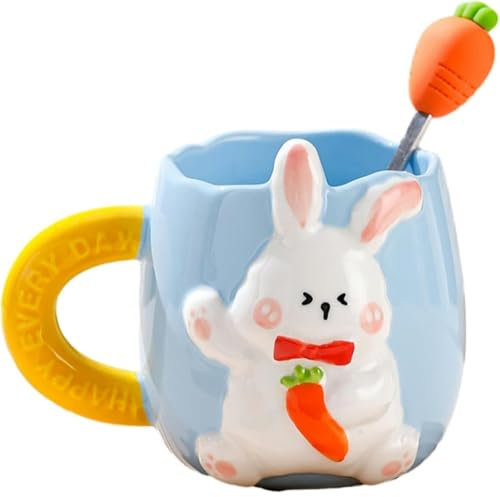 Huiyiwert Süße Keramik Kaffeetasse,3D Cartoon Häschen Tasse mit Karotte Löffel Porzellan Kaffeebecher Teetasse cute Kaninchen Milchbecher für Geburtstag Ostern Nuejahr (Blau)