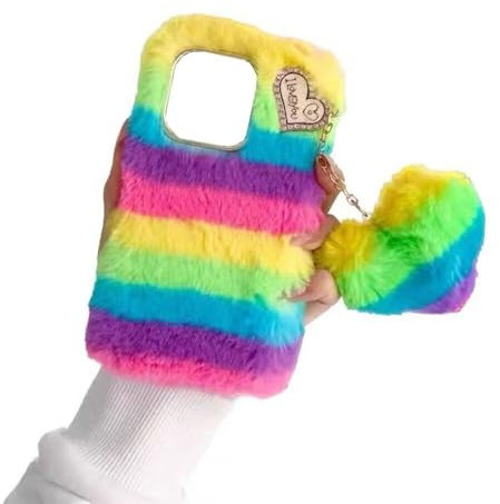 SEHEYA Cover Compatible with iPhone 7 / iPhone 8 / iPhone SE 2020 Fluffy Plush Case Cute Heart Pendant Design Flexible Warm Puffy Soft Fur TPU Phone Shell Protective Girls Cases, Rainbow Striped