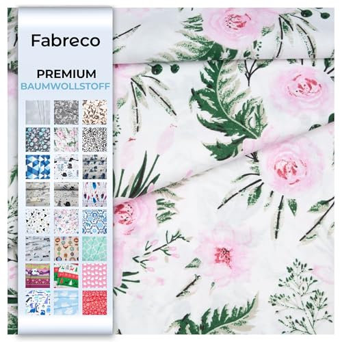 Fabreco - 100% Premium Baumwollstoff Meterware 200x160cm - Blumen im Garten - weißer Hintergrund | 220g/lfm – Weich, langlebig & hautfreundlich | Stoffe Zum Nähen & Dekoration | Stoff Meterware-Fabric