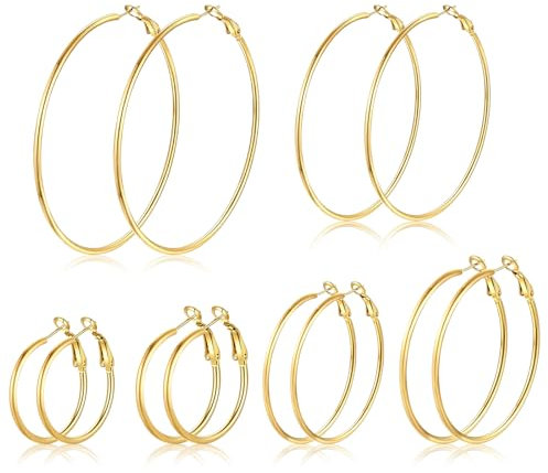 6 Paar Silberne Creolen, Große Creolen Silber für Damen aus 316L Edelstahl Ohrringe Hypoallergen Ohrringe Dünne Silberne 30/40/50/60/70/80 mm (Gold)