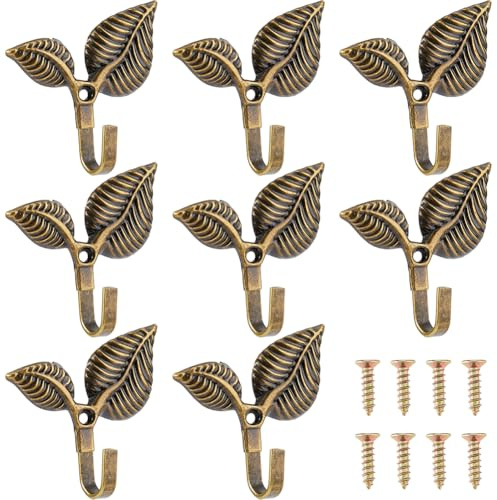 SUPERFINDINGS 8 ganchos de pared de hoja de hierro decorativos para colgar en la pared, estilo vintage, de hierro, para colgar sombreros, toallas, llaves, ropa, cocina, bronce antiguo