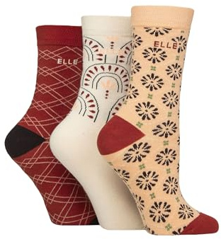 ELLE Women's Soft Cotton Socks - Plain, Striped and Patterned with Hand Linked Toes Multipack of 3 Pairs Size 4-8