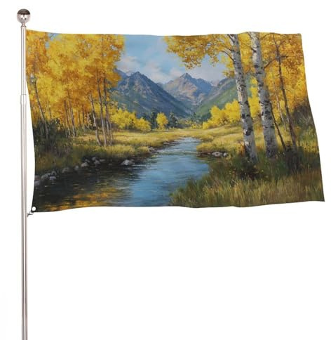 Gartenflagge, Gelb, Espen, Bäume, Berge, Fluss, 90 x 150 cm, Dekoration für Innenhof, Veranda, Rasen, Bauernhaus