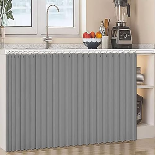 Generisch Staubdichte VorhäNge für Offenes Regal Leinenmaterial Wasserdicht, Schrankvorhang für Küche Vorhang mit Gleitschiene Schrank Vorhang zum Schieben - Selbstklebend,Grau,W50cm/H80cm