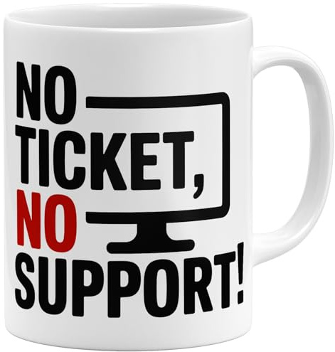 OM3 IT - Taza de café con texto en alemán No Ticket No Support - Administrator informático - Taza de cerámica - 325 ml - Impresión por ambos lados - Blanco