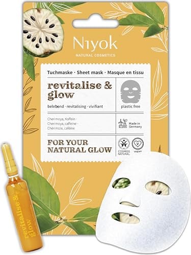 Niyok Tuchmaske Revitalise & Glow 1 Stück Naturkosmetik | Mit Koffein & Cherimoya, COSMOS NATURAL, kompostierbare Pflanzenfaser, Made in Germany