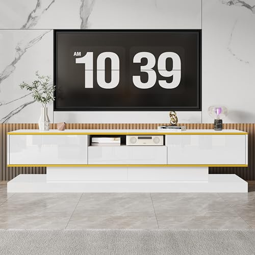 Ball & Cast TV Stand Cabinet, White TV Unit Storage Cabinet with 3 Drawers and Open Compartment, high-gloss finish, gold accents, and color-changing LED lighting, 180 * 38 * 45cm