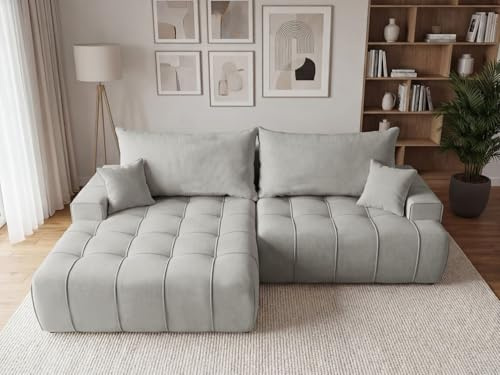 GRAINGOLD Tulio Ecksofa mit Schlaffunktion und Bettfunktion, 270x165 cm, L-Form Sofa, Schlafcouch für Wohnzimmer, Veloursstoff, 3-Sitzer Eckcouch, Ecksofa mit Stauraum (Grau, Links)