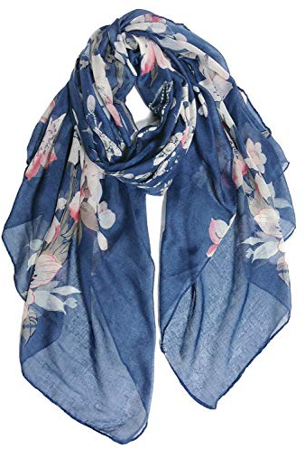 DAMILY Écharpe Légère Pour Femme Mode Motif Floral Wrap Châle Confortable Étole de Foulard en Coton (Blue Foncé)