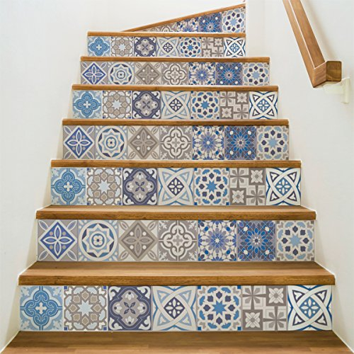 Selbstklebende Treppe Fliesen | Aufkleber für Zement Fliesen – Aufkleber für Kontrosenfliesen | Treppe Zementfliesen selbstklebend - azulejos - 15 x 105 cm - 6 Streifen