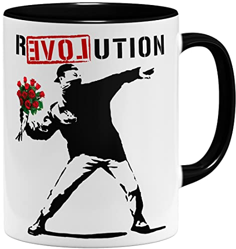 OM3® Love Revolution Banksy Kaffee-Tasse Statement | Keramik Becher | 11oz 325ml | Beidseitig Bedruckt | Schwarz