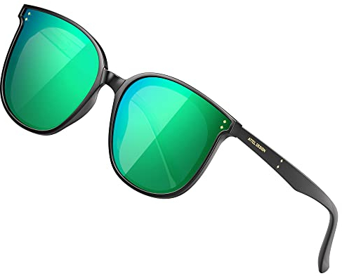 ATTCL Damen Sonnenbrille rund verspiegelt TR90 Rahme HD Nylonlinse Ultra Leicht JD222 Black+green