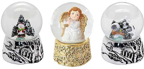 3er Set süße Mini-Schneekugeln Nostalgie mit Gold-Sockel, Engel & Weihnachtsbaum Durchmesser 45mm mit Luftblase 2-90-95b-95cx