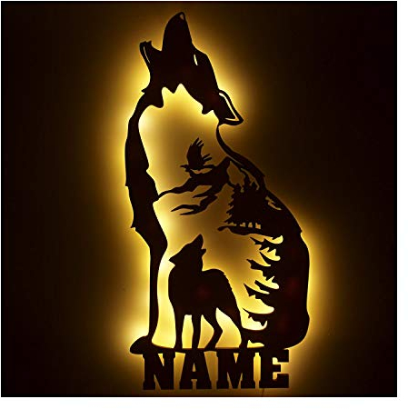 Wölfe Deko Figur für Wolf Fans personalisiert mit Namen Geschenke Idee Geburtstag Wohnung Umzug I optional mit Farbe I LED