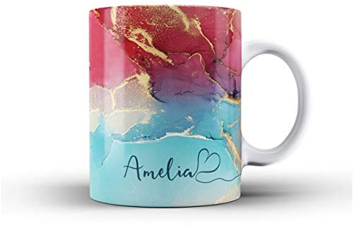 iCaseDesigner Personalised Watercolour Marble Name with Heart Ceramic Mug - 10. Red & Blue