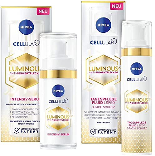 NIVEA Cellular Luminous 630 Anti-Pigmentflecken Intensiv-Serum (30ml) & Cellular LUMINOUS 630 Anti-Pigmentflecken Tagespflege Fluid, 40 ml, feuchtigkeitsspendendes Anti-Pigmentflecken Fluid mit LSF 50