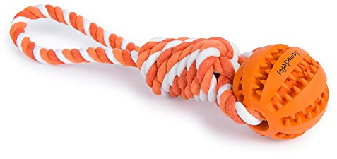PAWDY Cuerda para perros con pelota para diversión y cuidado dental – Juguete resistente para perros grandes y pequeños – Juguete para masticar con botones de caucho natural – Bola cuerda de