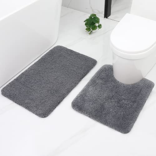 Homaxy Badezimmerteppich Set 2 teilig WC Vorleger mit Ausschnitt Set Badematte rutschfest Waschbar Hochflor Badteppich Mikrofaser Badvorleger Set – 50 x 60 cm + 51 x 76 cm, Grau