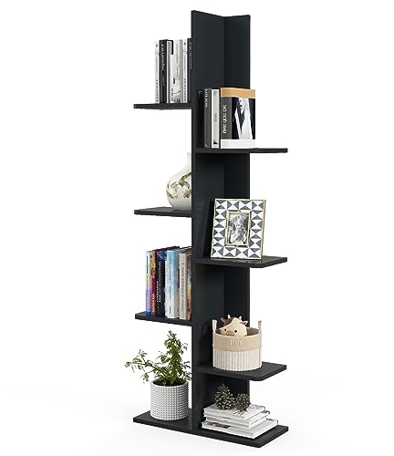 COSTWAY Bücherregal mit 7 Ablagen, Aufbewahrungsregal, Standregal, Büroregal freistehend, Dekoregal, Regal für Bücher, Fotorahmen, 141 x 50 x 20 cm (Schwarz)