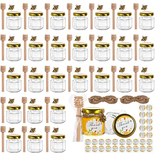 BIGIVACA 1.5 oz Hexagon Mini Glass Honey Jars with Wood Dippers,30 Pack Small Honey Jars with Gold Lids,Bee Pendants,Jutes,30 Bee Stickers,Perfect for Baby Shower,Wedding Favors, Party Favors
