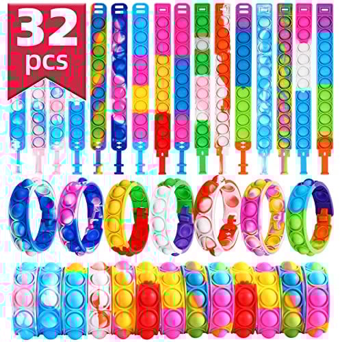 Dora Sicom 32 Stück Pop it Armband, Pop Bubble Bracelet Fidget Spielzeug Set,Armband Kinder, Simple Fidget Bransoletka Toy, Baby Sensory Toy, Fidgets Toys für Kinder und Erwachsene
