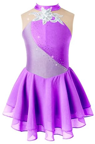 Freebily Vestito da Pattinaggio Artistico Bambina Abito da Danza Classica Ballerina Senza Maniche Balletto Leotards con Strass Paillettes Body da Ginnastica Artistica Viola 7-8 anni