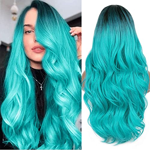 PORSMEER Ombre Schwarz Cyan Lang Locken Perrucke für Frauen,Natürliche Teal Cyan Synthetische Haar Cosplay Tägliche Party Wig Bluish Green