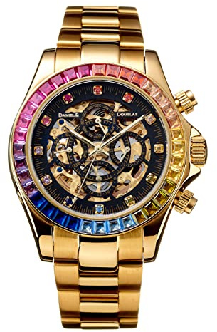 DANIEL&DOUGLAS(ダニエルアンドダグラス) Watch DD8802DG Analog Automatik Mechanische Armbanduhr Skelett Marke Schwarz Gold Herren, Gold, Modern