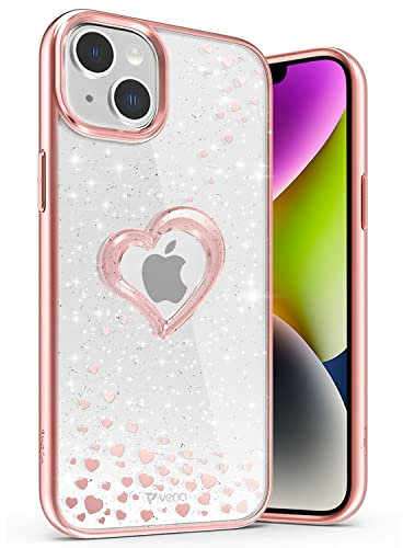 VENA vLove Glitter Clear Case for Apple iPhone 15 Plus / 14 Plus (6.7), Heart Shape (Magsafe Compatible) Dual Layer Slim Hybrid Clear Bumper Case Cover - Rose Gold
