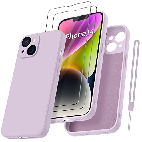 Qasyfanc Coque Protection Caméra pour iPhone 14 avec 2 Pièces Verre Trempé, Housse de Protection Silicone Antichoc Doublure Microfibre Douce Ultra Fine Coque iPhone 14 6.1 (Purple)