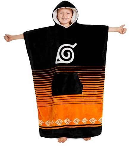 Naruto Pull Plaid Enfant, Sweat Oversize en Polaire Chaud, Sweat Capuche Manga Garcon Taille Unique (Noir/Orange)
