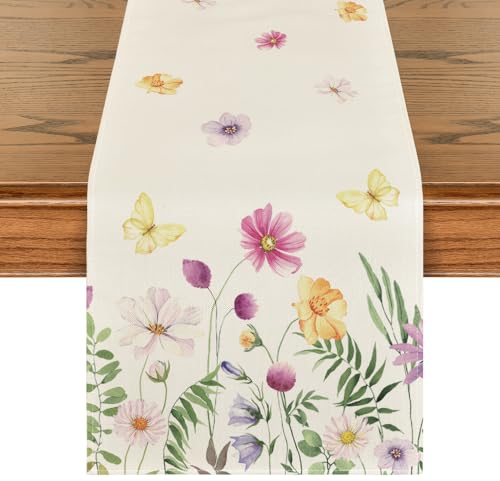 Artoid Mode Blumen Schmetterling Frühling Tischläufer, Saisonnal Sommer Küche Tisch Dekoration Drinnen Urlaub Party Dekor 40x240 cm