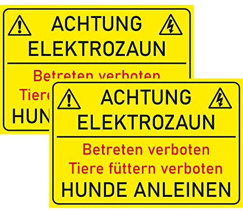 INDIGOS UG - Schilder - 300x200 mm - Schild 2 Stück - Achtung Elektrozaun - Aluverbundplatte - für Garage, Hotel, Parkplatz, Schule, Carport, Firma