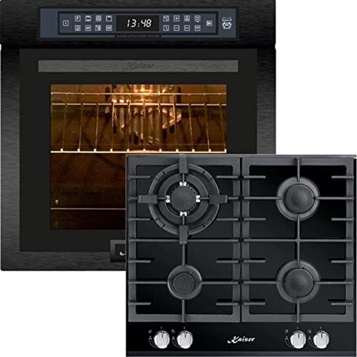 Kaiser Set EH 6306 RS+KCG 6380, horno empotrado, negro, 79L 15 Fkt. Grill Air Fryer Full Touch + encimera de gas empotrable 60 cm, negro cristal, cocina empotrable, 3,8 kW