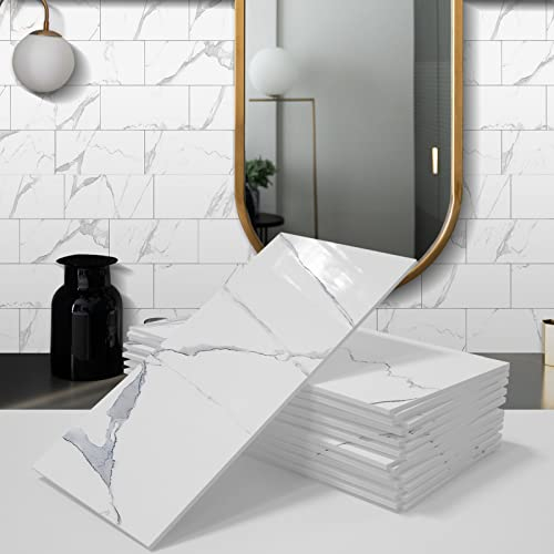 A.Monamour Pegatinas de Baldosas Azulejos Adhesivos de Pared Diseño Azulejos de Cerámica Metro Imitacion Marmol Efecto 3D Grueso PVC Impermeable Autoadhesivo Decoración para Baño Cocina 10.16x20.32cm