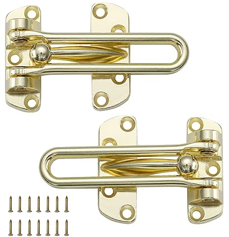 WellMade Swing Bar Door Lock Latch,Door Security Latch for Kids Safety and Home Security, Reinforcement Door Latch Guard Clasp（Bright Brass，2 Pack)