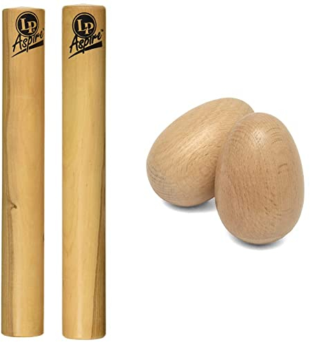 Latin Percussion LP860600 Aspire Claves & TIGER SHA28-NT Wooden Egg Shakers Natural One Pair