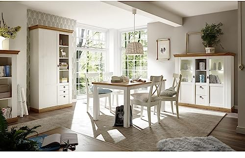 Lomadox Esszimmer-Set im Landhaus Design in Pinie weiß und Wotan Eiche Nb., inkl. großem Higboard (ohne Stühle)