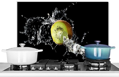 KitchenYeah© Paraschizzi Cucina Alluminio 60x40 cm Pannello Dietro Piano Cottura Fornelli a Gas Paraspruzzi Kiwi - Frutta - Natura morta - Acqua - Nero