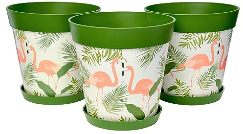 Hum Flowerpots set of 3 plastic, indoor/outdoor plant pots 25cm diameter and 3 saucers 19cm diameter (Green Flamingos)