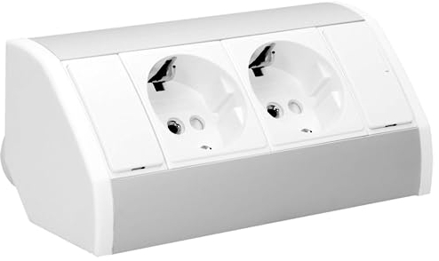 Miratic Enchufes Encimera Cocina Regleta Mesa Enchufes Cocina Schuko en Color Blanco/Plata con 2 Tomas Regleta Enchufe Ideal para Instalar en Cocina y Oficina