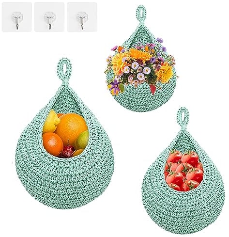 3Pcs Hanging Fruit Baskets for Kitchen, Teardrop Hanging Basket Boho Wall Hanging Holder with Hooks Wall Planters Handwoven Hanging Plant Basket Decor for Vegetable Onion Potato Storage (Green)